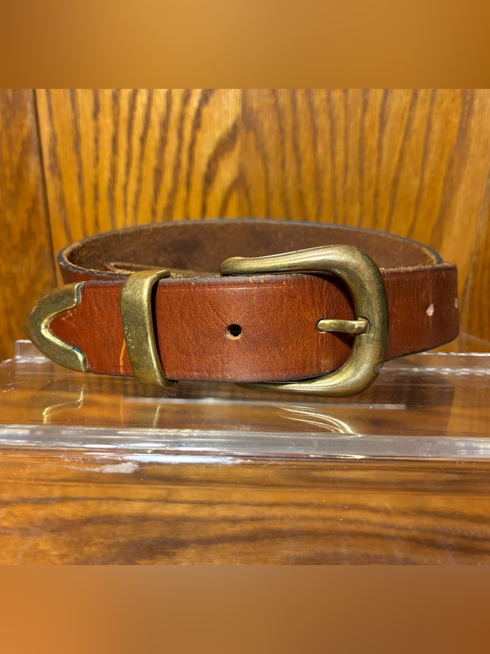 VTG 90s Capezio Brass Buckle Tip Brown Leather Belt Size Small
